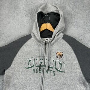 Ohio University Bobcats Full Zip Hoodie Jacket Men Large Gray Drawstring Russell